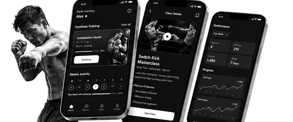 The Corner app screens with a combat sports athlete
